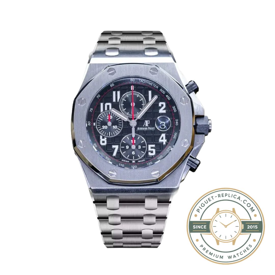 AP watch replica inspired by the Royal Oak Offshore 26470ST with a black leather and rubber-lined strap