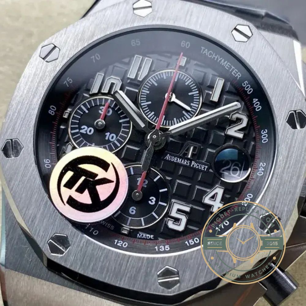 Royal Oak Offshore replica with a grey Mega Tapisserie dial and contrasting black chronograph subdials