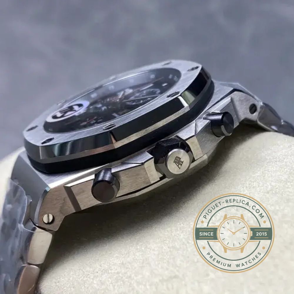 Replica Audemars Piguet Royal Oak Offshore 26470ST with a grey-black dial and black subdials