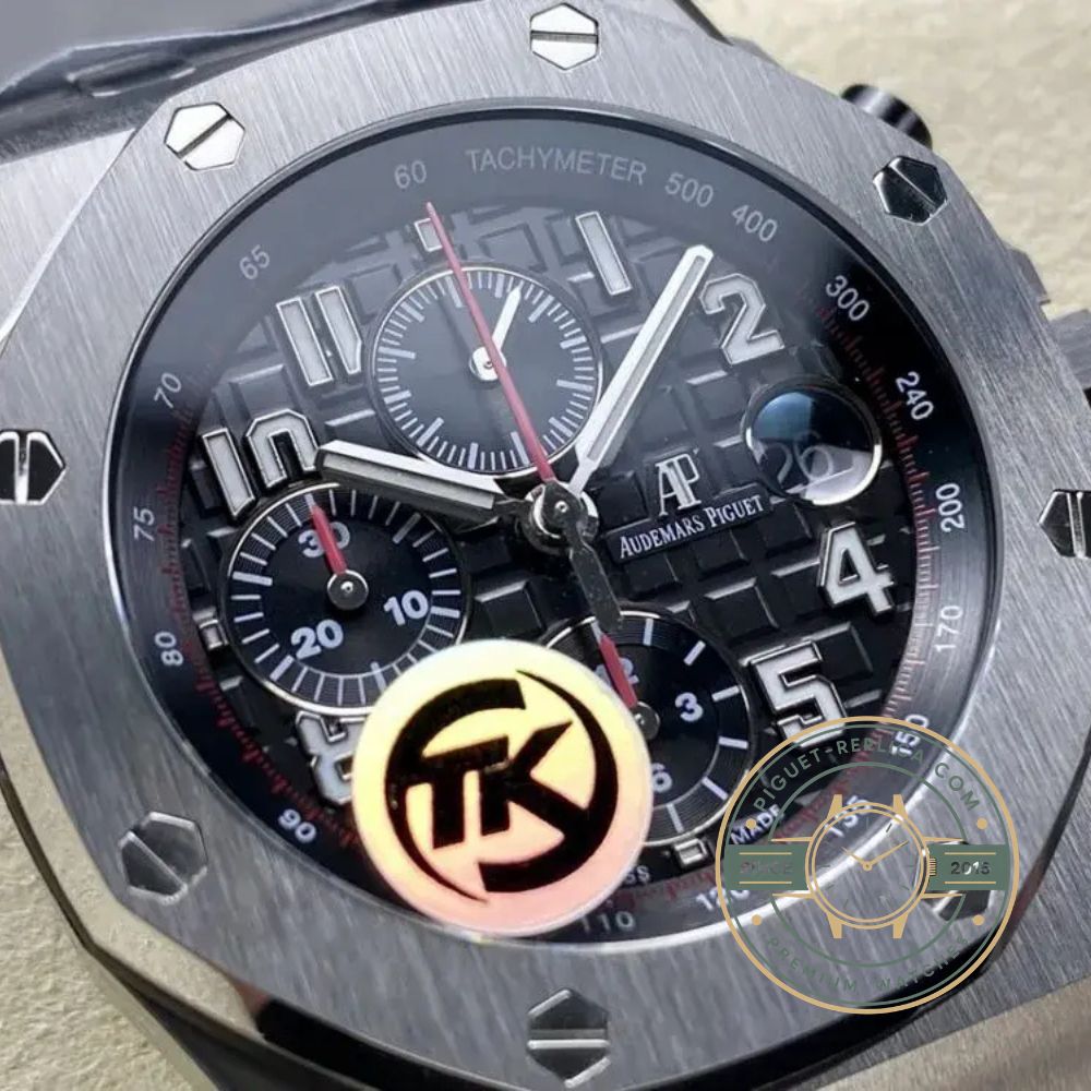 Audemars Piguet replica watch with a 44mm stainless steel case, sapphire crystal and black leather strap
