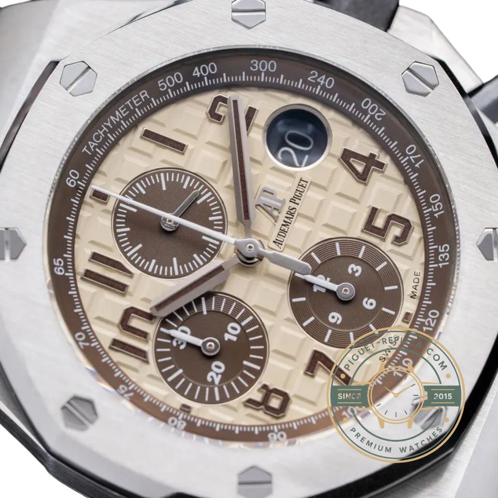 Audemars Piguet Royal Oak Offshore replica with a brown leather strap and steel folding clasp