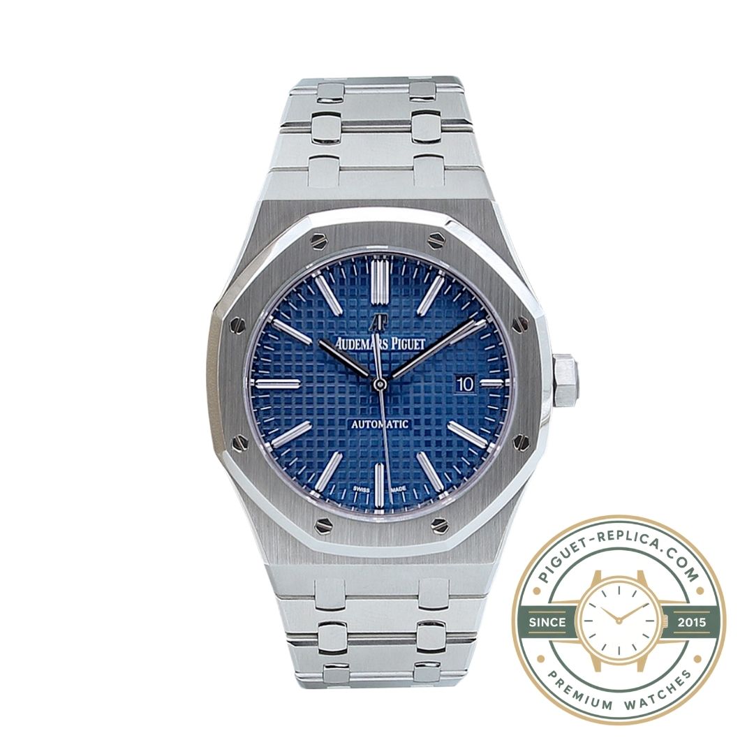 Audemars Piguet replica watch with blue dial, stainless steel case, and Royal Oak inspired design