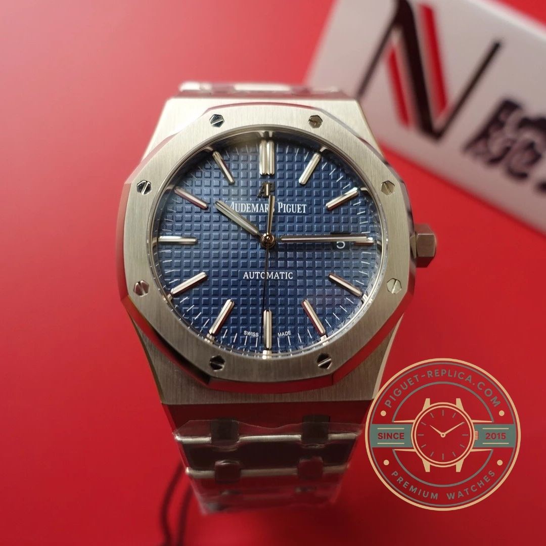 Audemars Piguet Royal Oak 15400 blue dial replica watch with stainless steel bracelet and luxury AP design