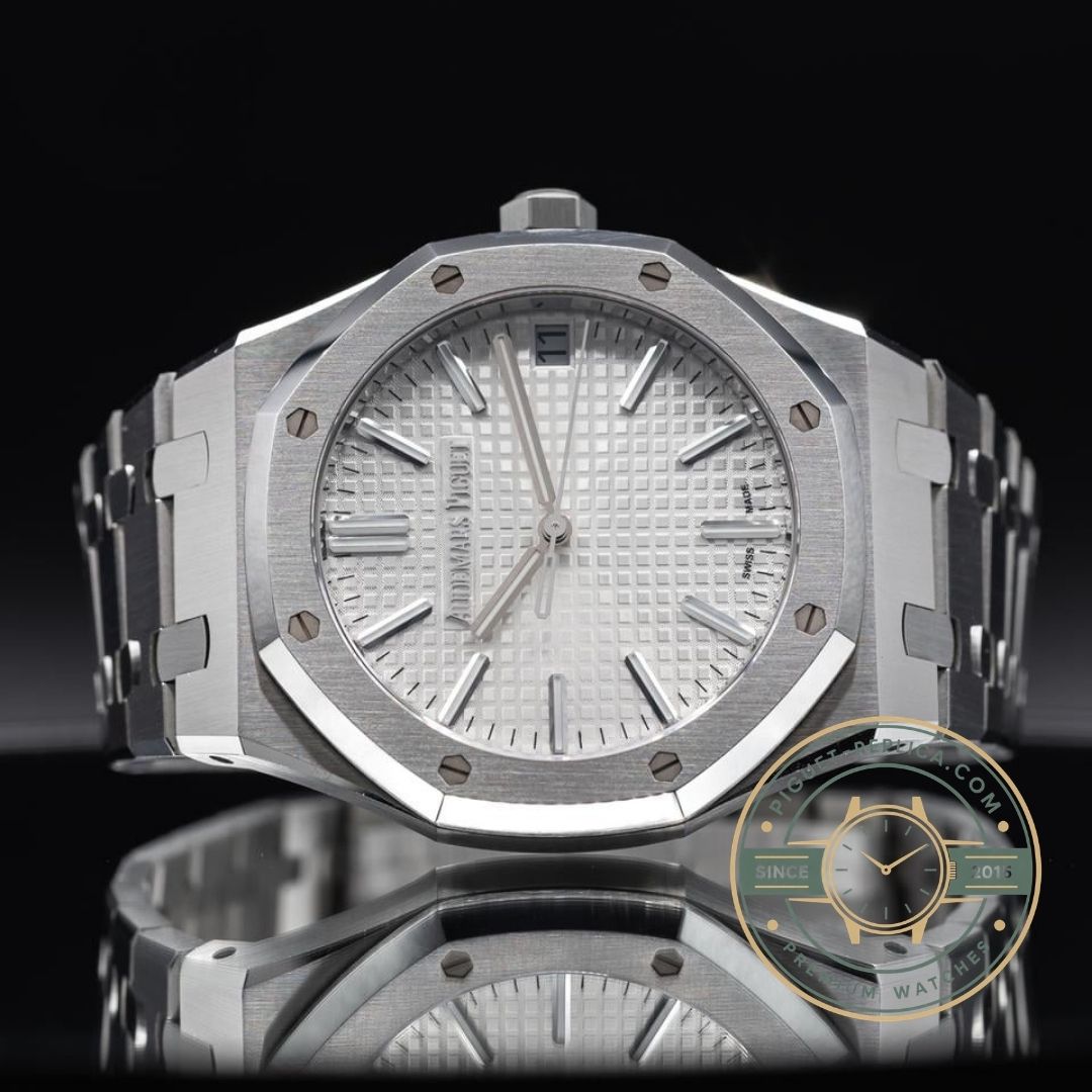 Audemars Piguet Royal Oak replica front view with white dial and stainless steel bracelet, AP royal oak replica watch