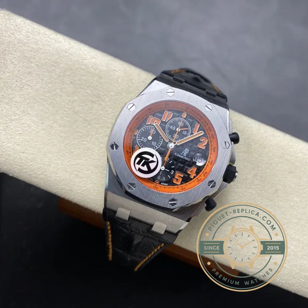 Replica AP watch Royal Oak Offshore with black leather strap and automatic chronograph movement