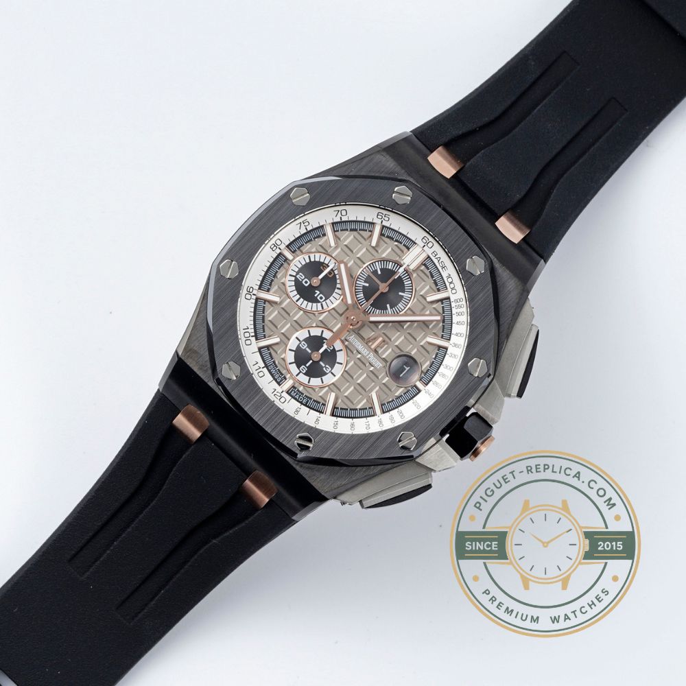 Replica Audemars Piguet Royal Oak Offshore Pride Of Germany 26415CE with a grey dial and black rubber strap