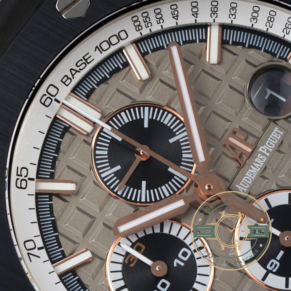 Replica AP Royal Oak Offshore with a grey dial, 44mm steel case and black rubber strap