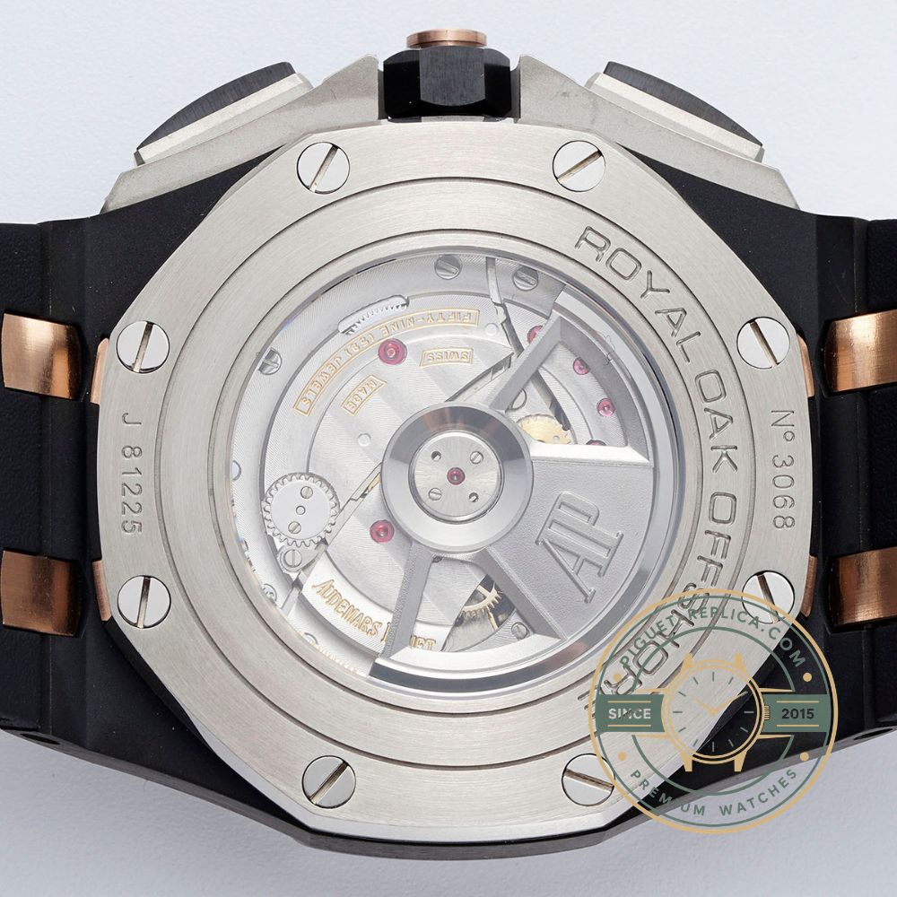 AP Royal Oak super clone style watch with a 44mm stainless steel case, grey dial and black rubber strap