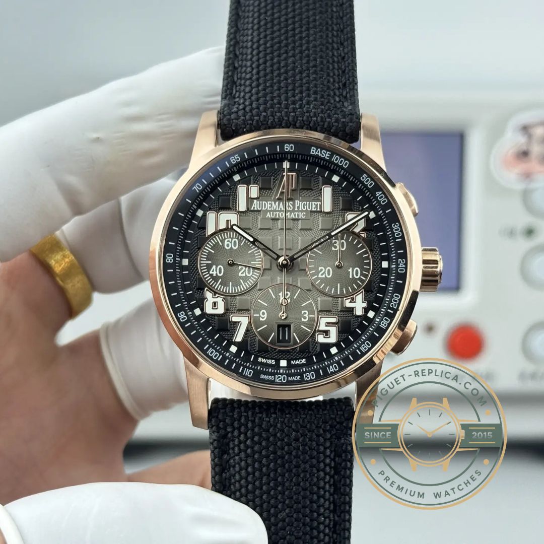 Audemars Piguet 41mm 26048 Swiss replica AP watch with rose gold details and leather strap