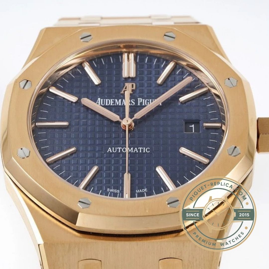 Royal Oak rose gold replica watch blue dial close-up with luminous markers