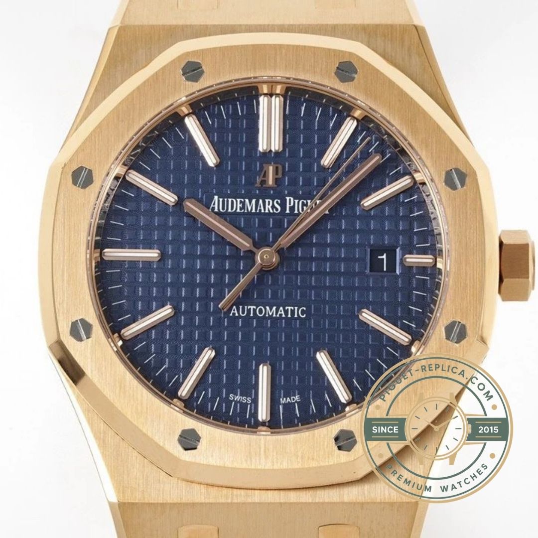 Royal Oak 15400OR AP replica watch featuring rose gold case and blue dial design