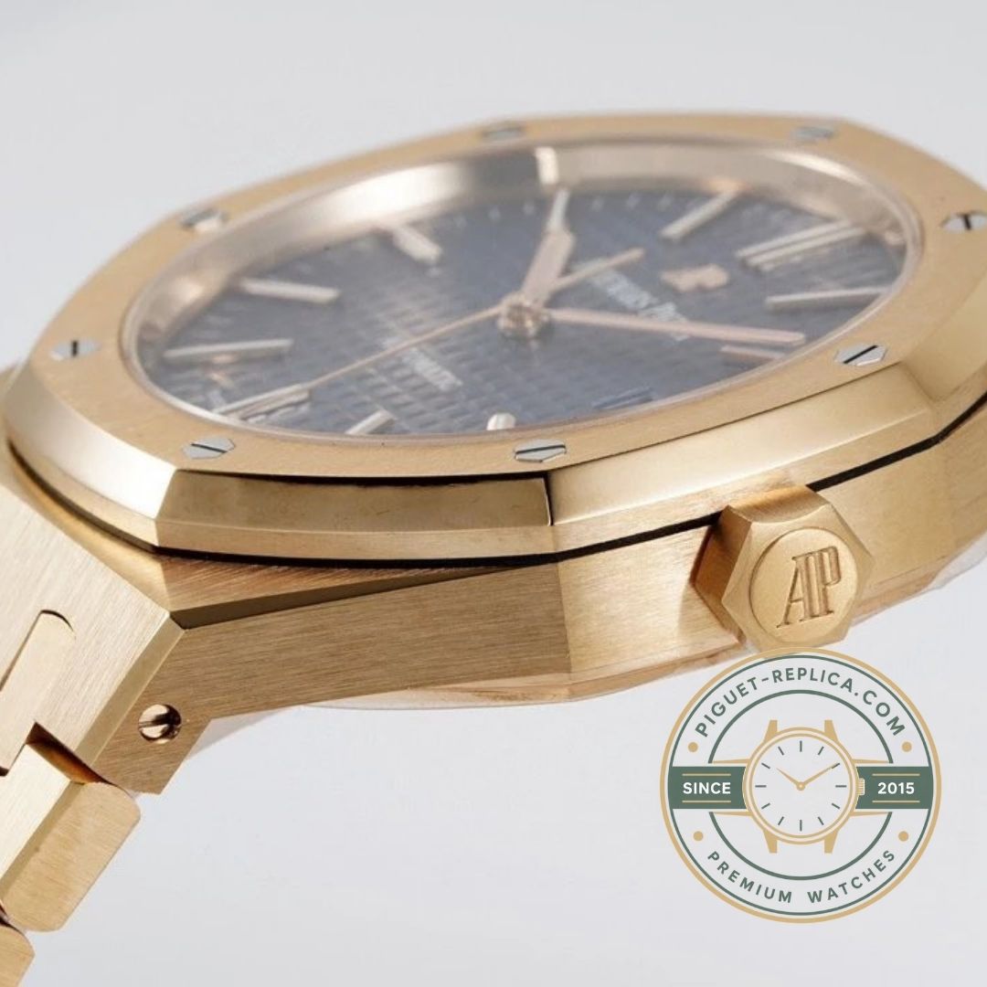 Audemars Piguet 15400OR Royal Oak replica watch front view with blue Tapisserie dial