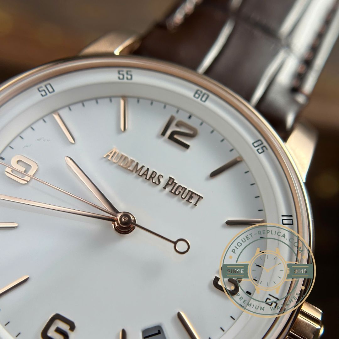 Replica AP watch with rose gold case and leather strap design
