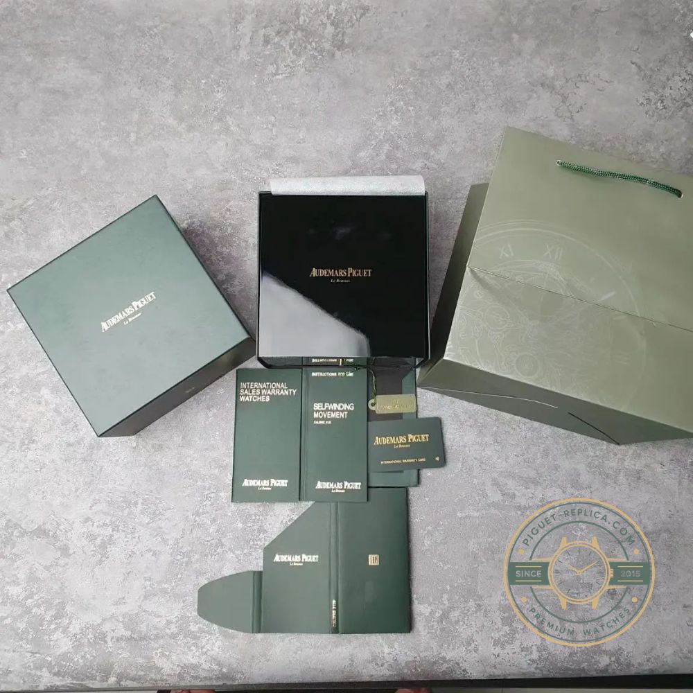 Audemars piguet replica box with fake audemars piguet packaging for a replica audemars piguet watch.