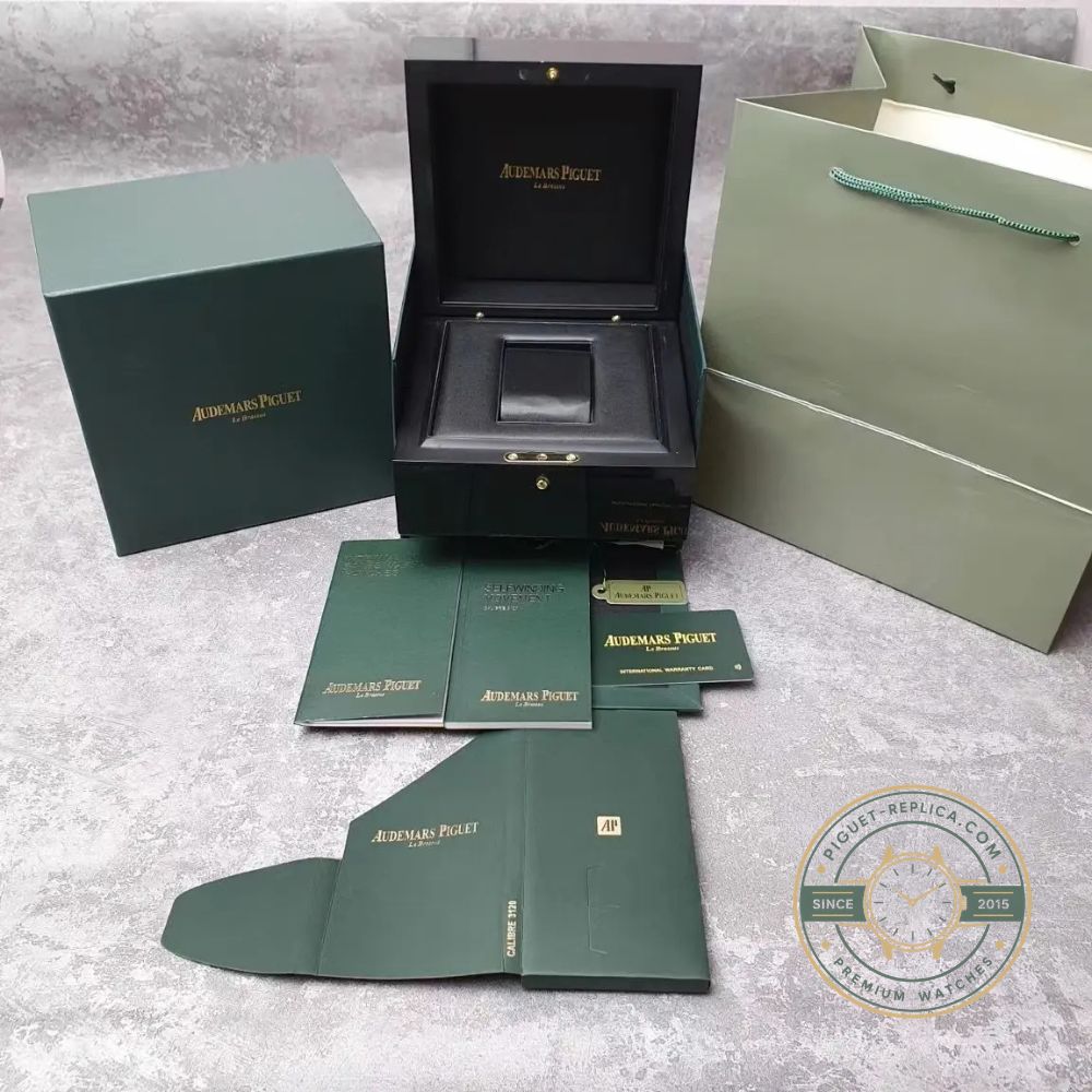 Audemars piguet royal oak replica box and papers, including audemars piguet receipt and royal oak replica packaging.