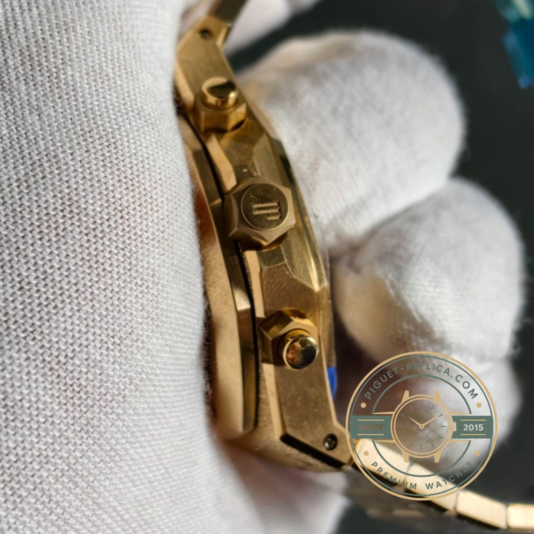 AP Royal Oak super clone 26240BA featuring a black Grande Tapisserie dial and gold-tone subdials