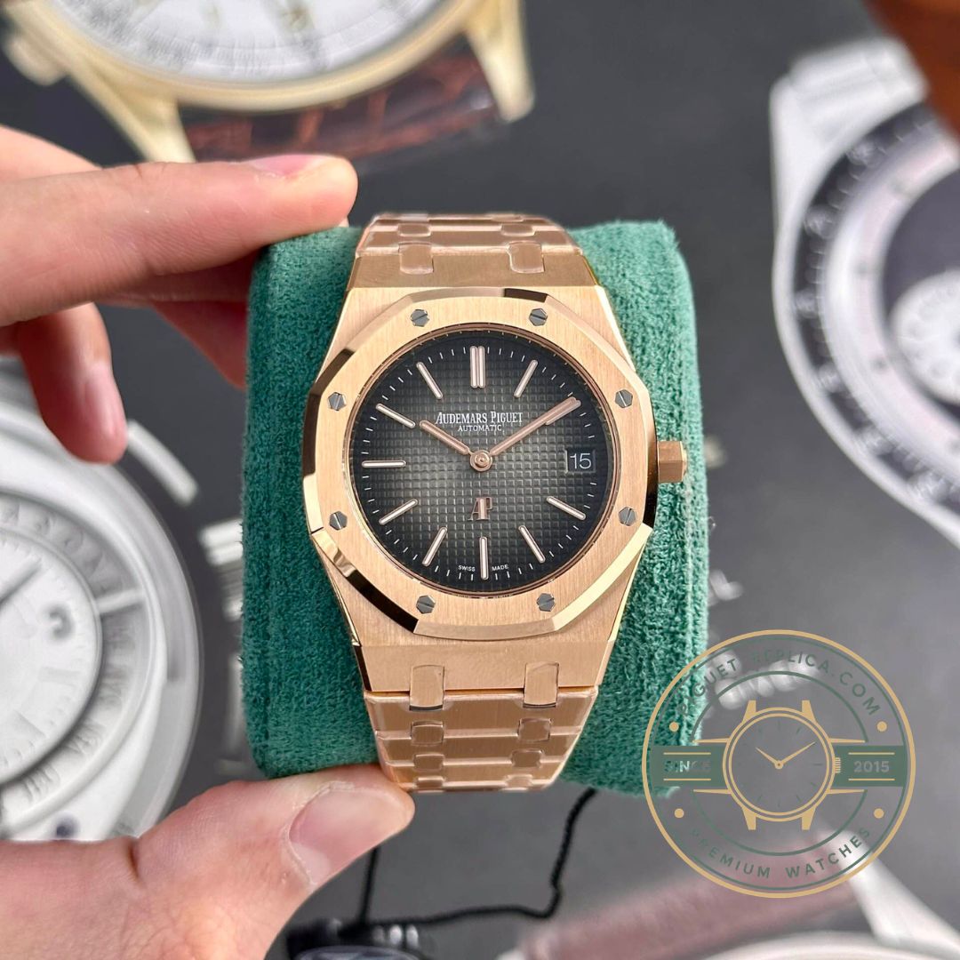 Audemars Piguet replica 16202.OR with integrated 18K rose gold bracelet and AP folding clasp