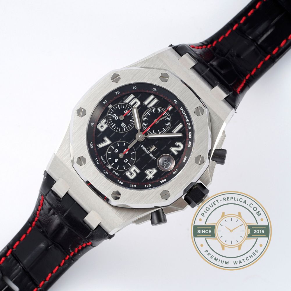 Replica Audemars Piguet Royal Oak Offshore with a 42mm stainless steel case and dark blue chronograph dial