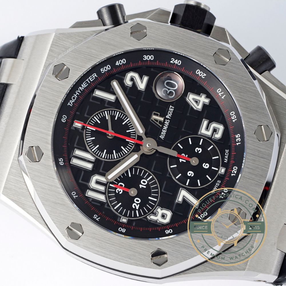 Royal Oak Offshore replica 26470ST featuring a dark blue panda-style chronograph dial with ivory sub-registers