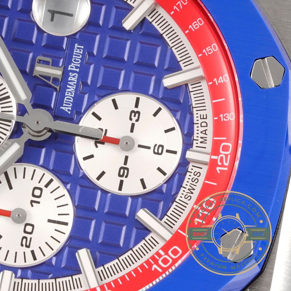 Audemars Piguet Royal Oak Offshore replica watch featuring bright blue Mega Tapisserie dial