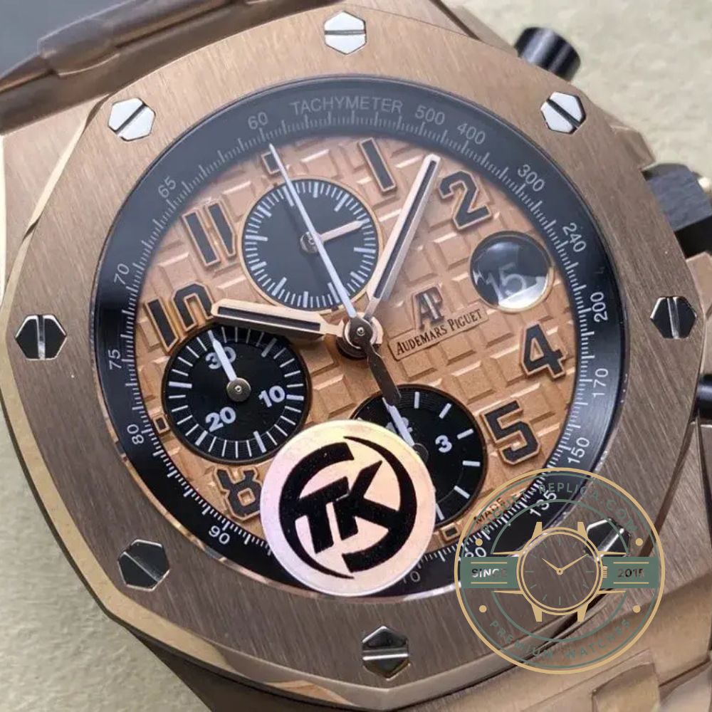Audemars Piguet Royal Oak Offshore 26401RO replica with a brown golden dial and 18K rose gold case