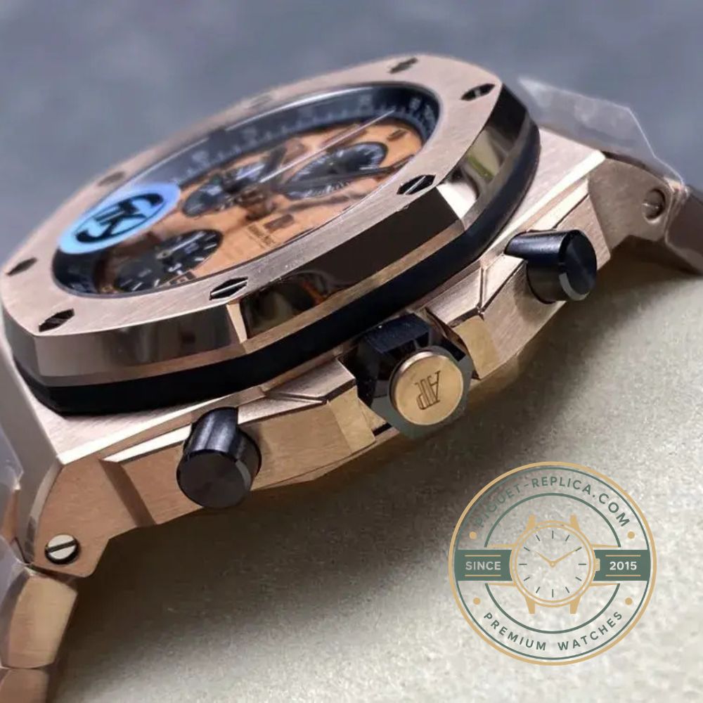 Royal Oak Offshore replica 26401RO featuring a 44mm rose gold case, brown dial and ceramic bezel