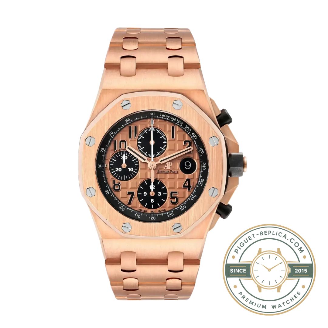 AP Royal Oak replica style watch with a warm brown dial, rose gold case and matching rubber strap