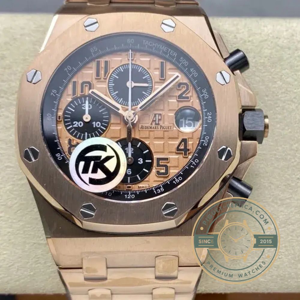 Replica Audemars Piguet Royal Oak Offshore 26401RO with a 44mm rose gold case, brown dial and automatic chronograph