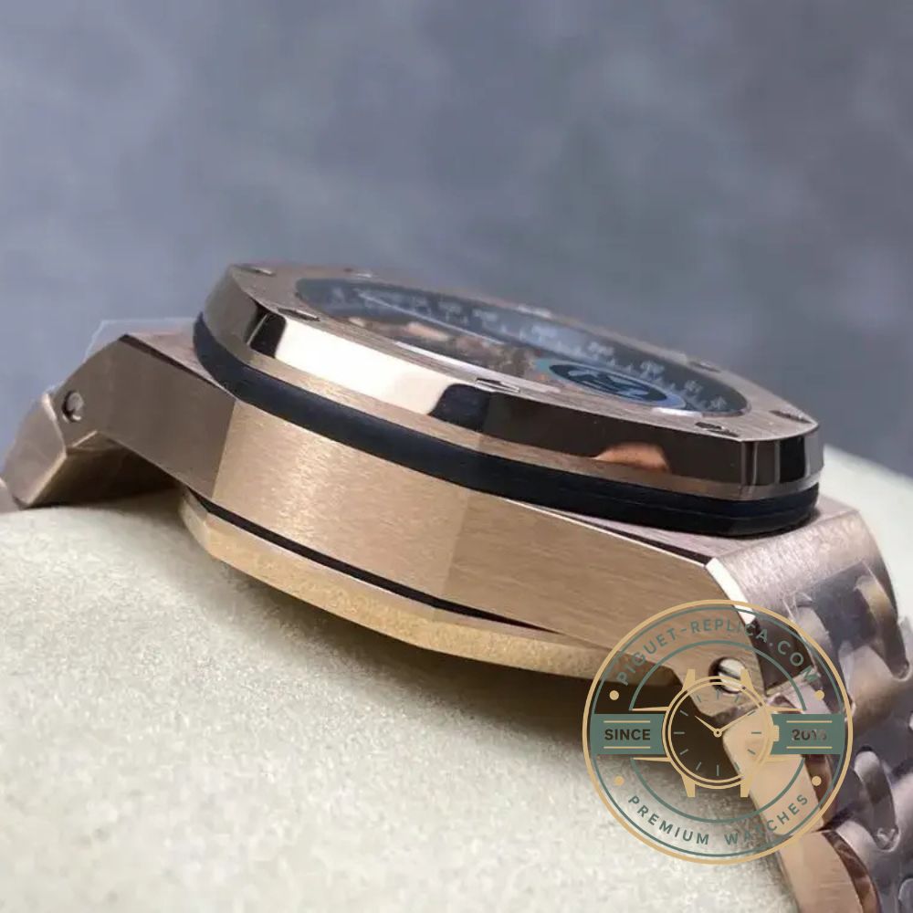 AP watch replica inspired by the Royal Oak Offshore with a brown dial, ceramic bezel and rubber strap