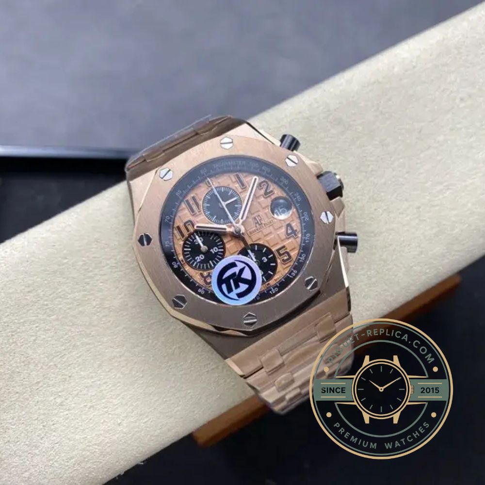 Audemars Piguet replica watch with a brown Méga Tapisserie dial, rose gold case and brown rubber strap