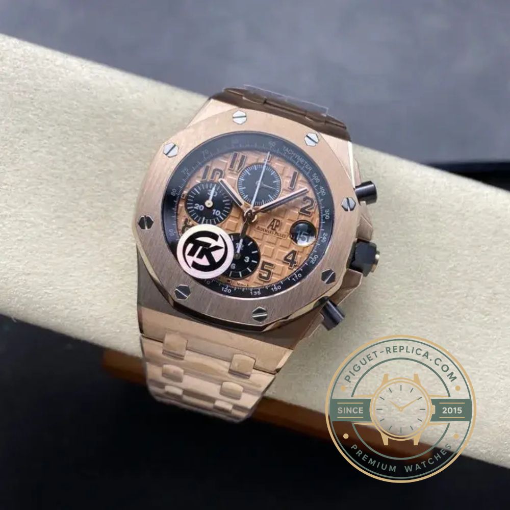 Audemars Piguet Offshore replica with a 44mm rose gold case, brown golden dial and octagonal ceramic bezel