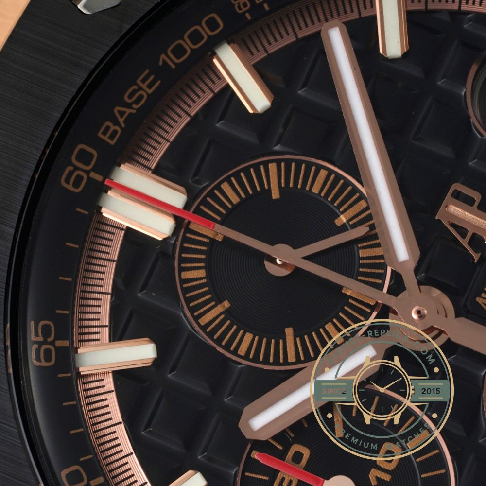 AP watch replica with rose gold case, black ceramic bezel and sporty Offshore style