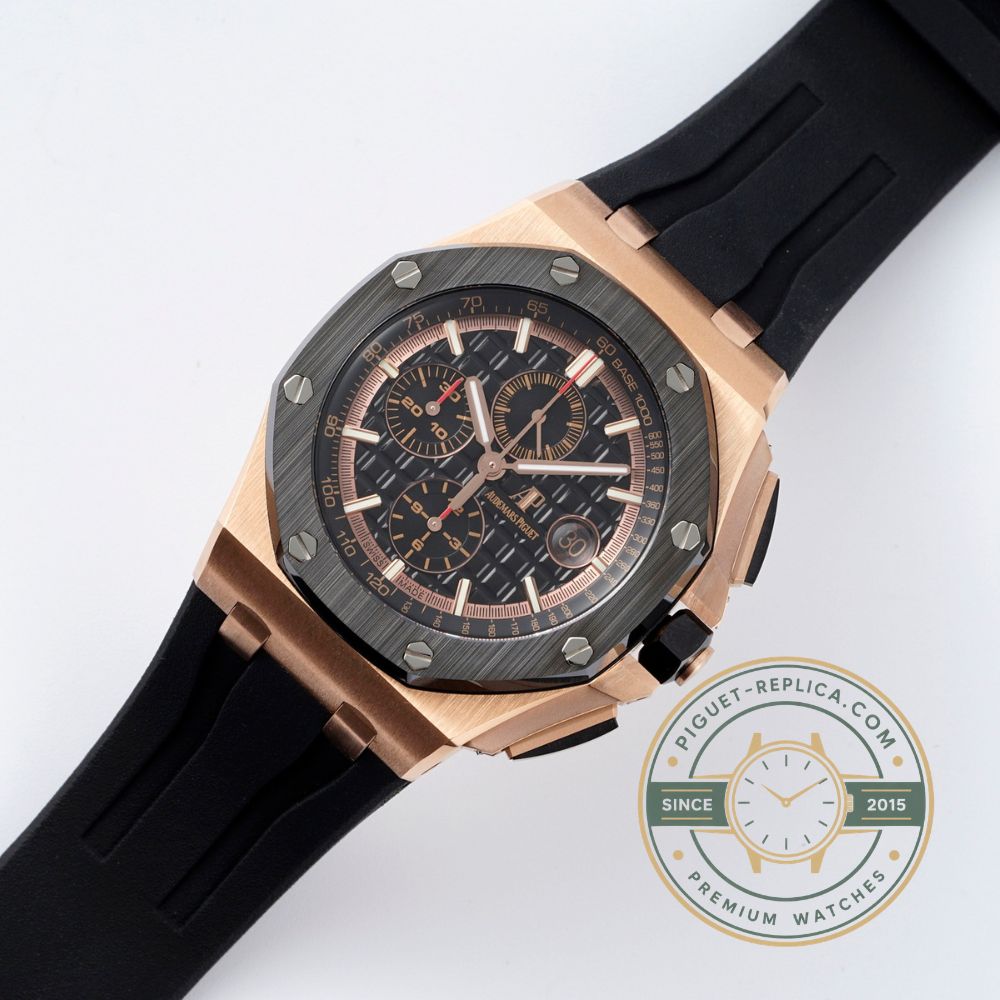 Royal Oak Offshore super clone AP watch replica with black rubber strap and rose gold folding clasp
