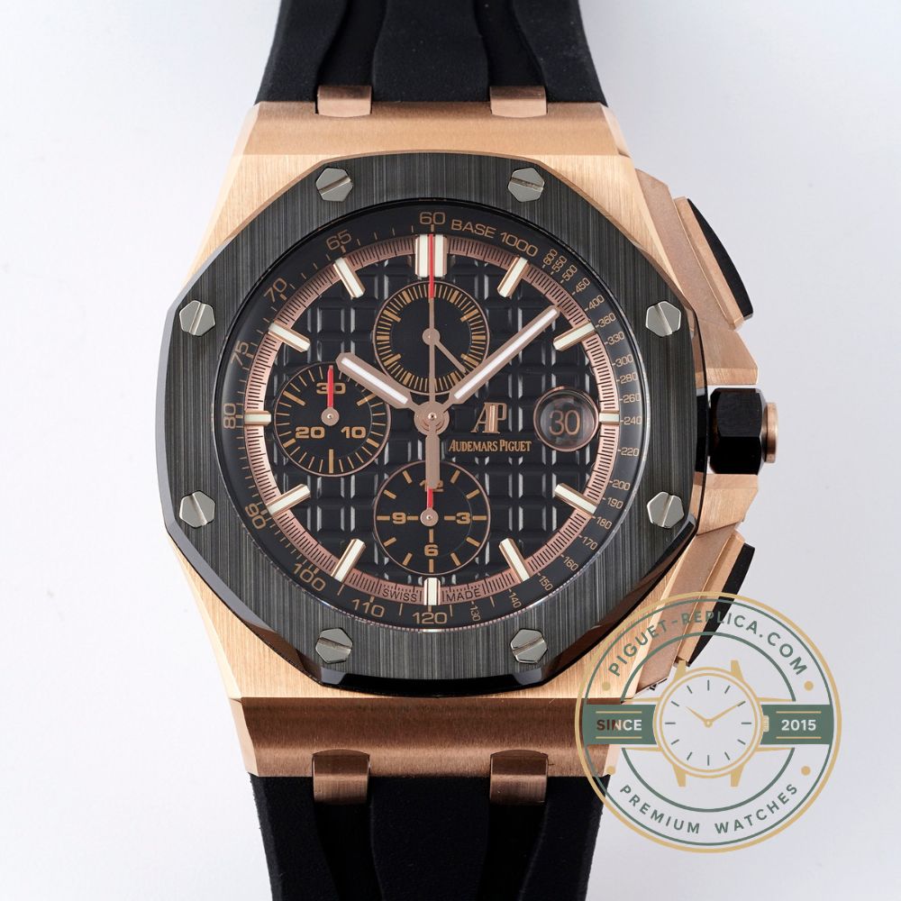 Audemars Piguet replica watch with 44mm rose gold case, black strap and octagonal bezel