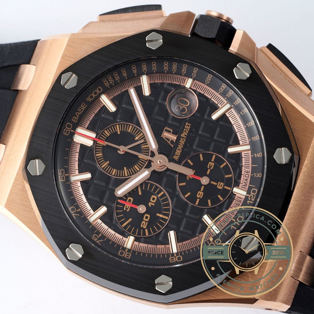 Audemars Piguet Offshore replica watch 26401RO with black dial, chronograph function and luxury finishing