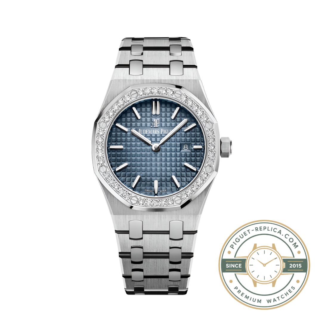 Royal Oak 67651IP blue dial replica watch showing integrated titanium platinum bracelet