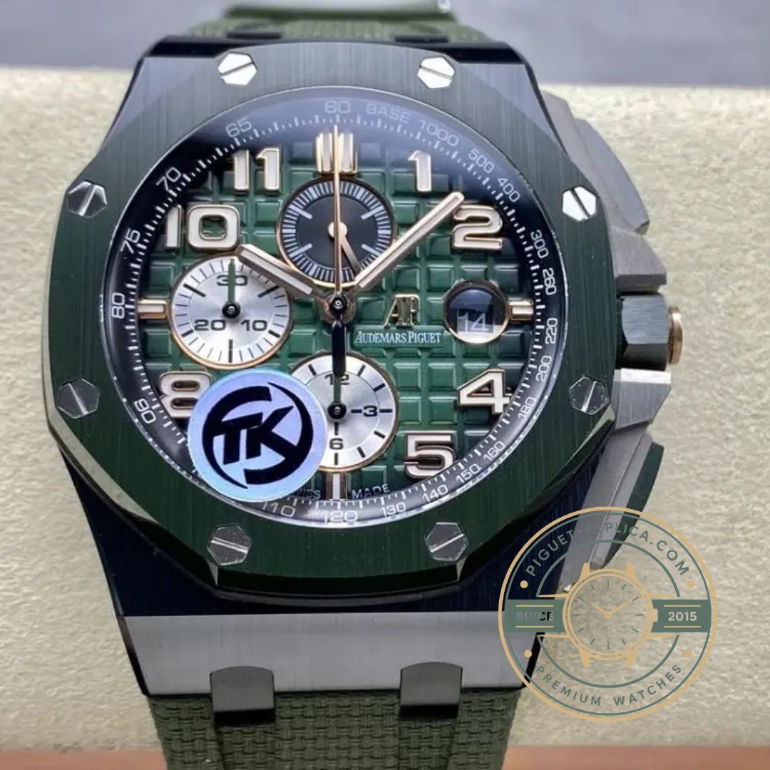 Audemars Piguet Royal Oak replica with detailed textured dial and ceramic bezel