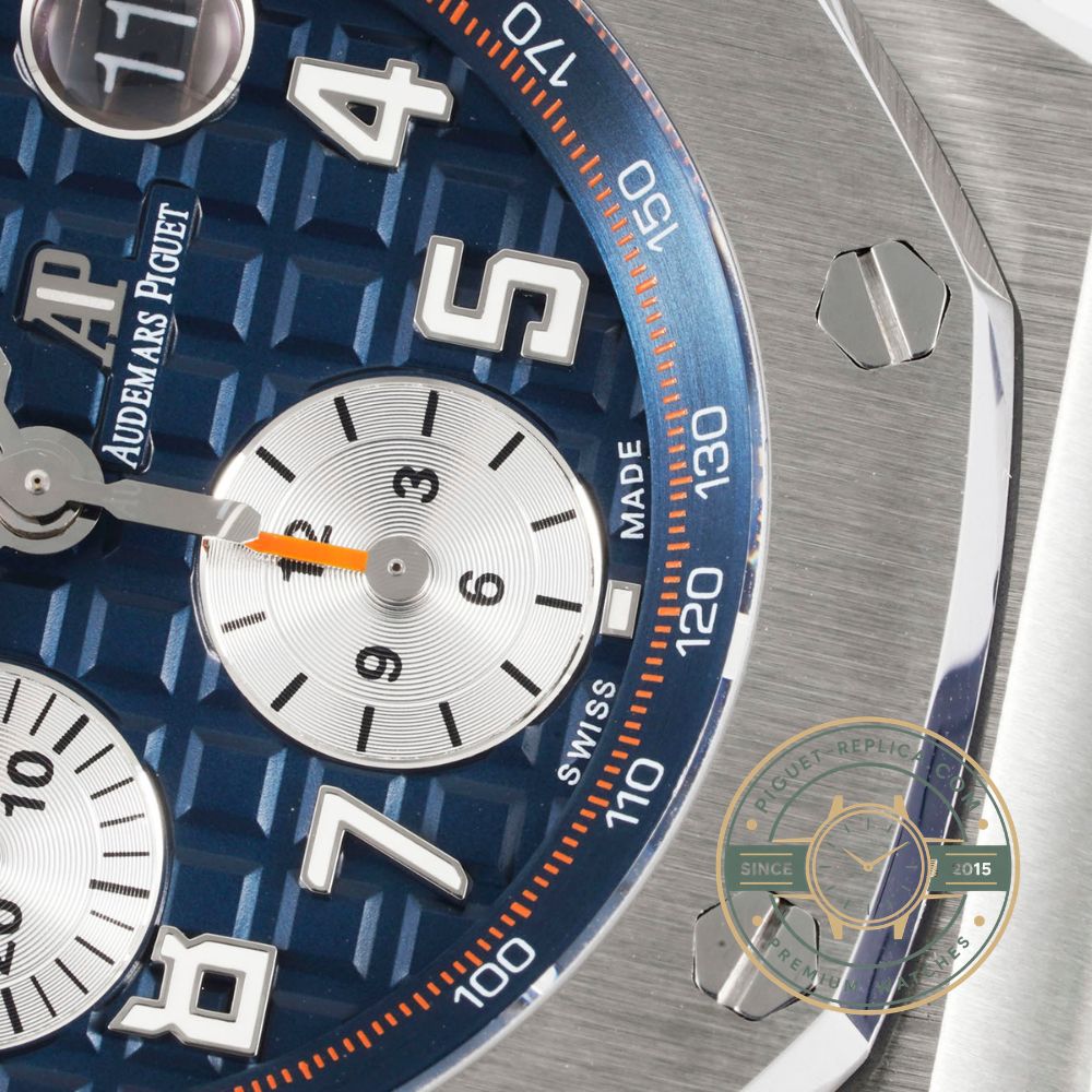 AP Royal Oak Offshore replica with a blue dial, steel case and matching blue rubber strap