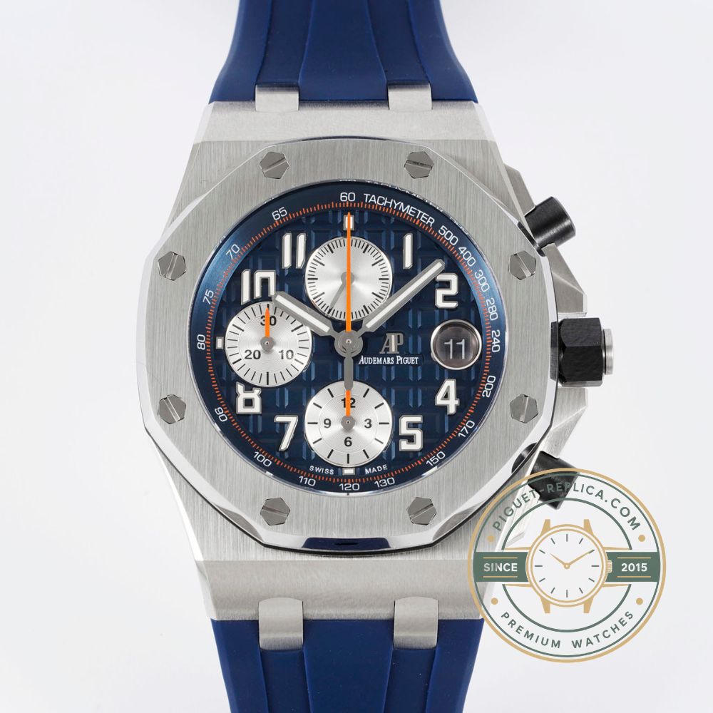 Audemars Piguet Royal Oak Offshore replica 26470ST with a blue dial, contrasting sub-registers and blue rubber strap