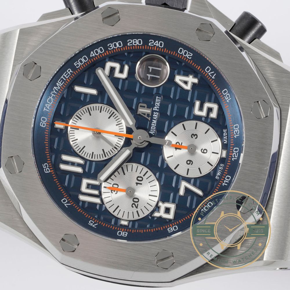 Audemars Piguet replica watch with a blue rubber strap, stainless steel octagonal bezel and sapphire crystal