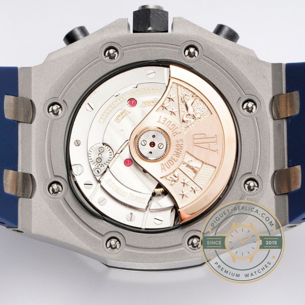 AP watch replica inspired by the Royal Oak Offshore with a blue dial, sapphire crystal and automatic movement