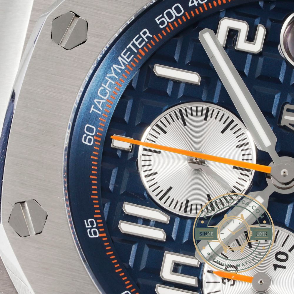 Royal Oak Offshore super clone 26470ST with a blue dial, three-register chronograph and date window