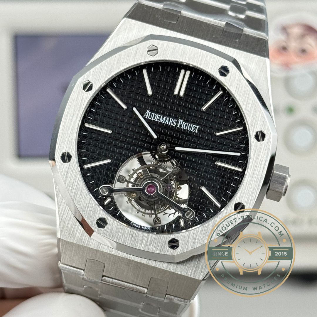 Replica Audemars Piguet Royal Oak Tourbillon 26512ST black dial front view