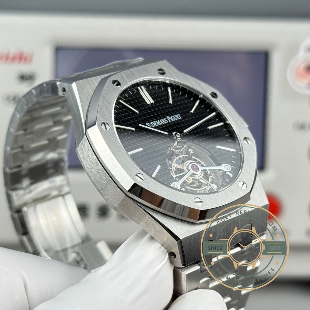 Replica Royal Oak Tourbillon 26512ST black dial side profile view