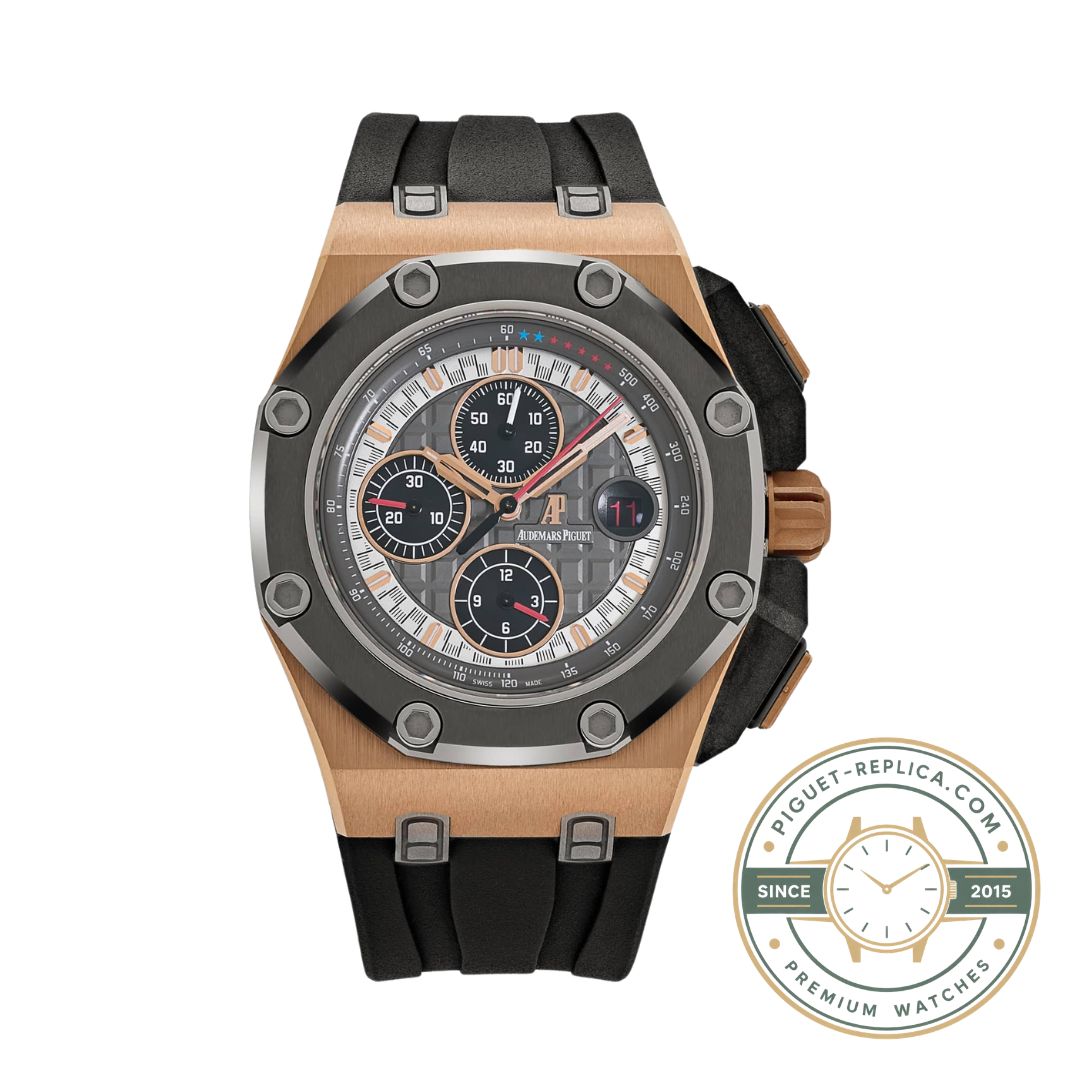 Audemars Piguet Offshore replica with a 44mm case, grey Mega Tapisserie dial and black rubber strap