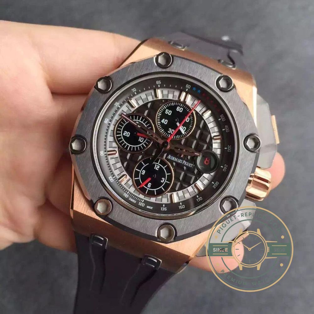 Audemars Piguet replica watch with a grey oversized Mega Tapisserie pattern and sapphire crystal