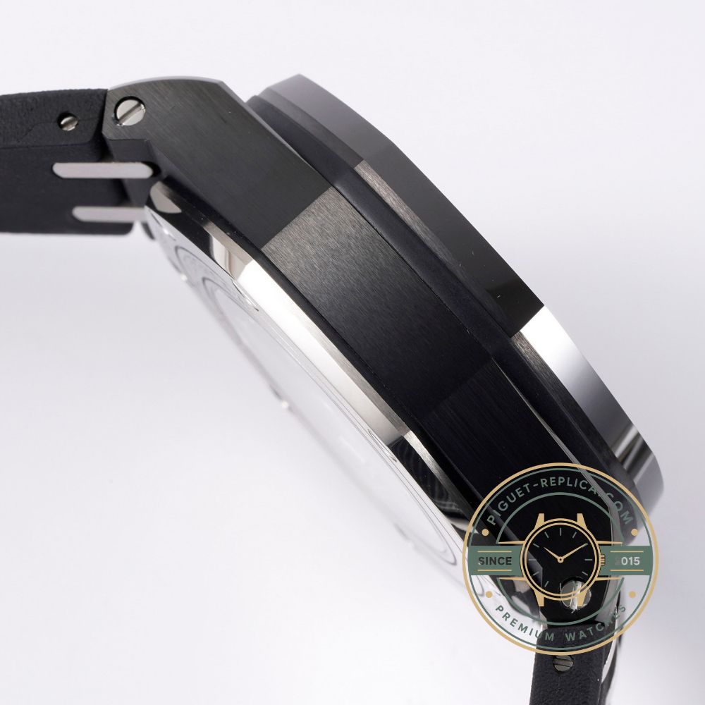 Audemars Piguet Royal Oak replica featuring a dark grey dial, silver details and grey rubber strap