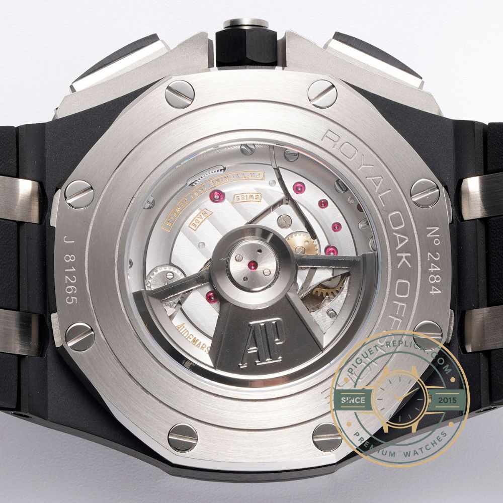 Audemars Piguet super clone with a dark grey ceramic case, silver subdials and automatic chronograph