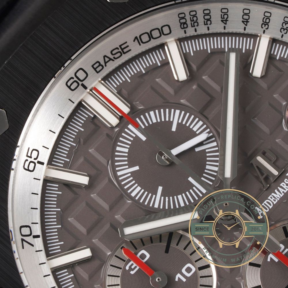Audemars Piguet replica watch 26405CE with a 44mm black ceramic case and grey-silver dial