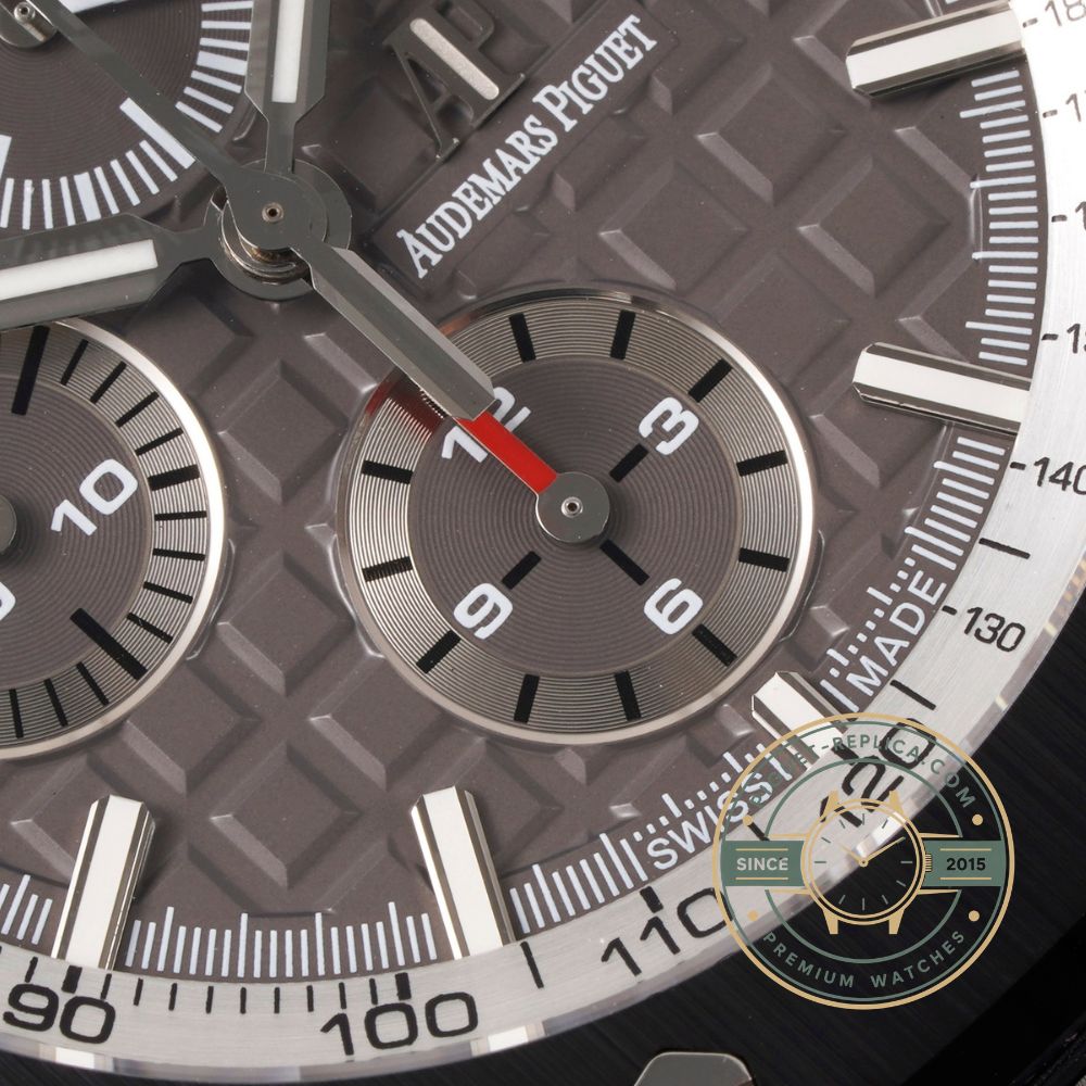 Replica AP Royal Oak Offshore with a dark grey dial, silver chronograph subdials and ceramic bezel